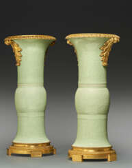 A PAIR OF LOUIS XVI ORMOLU-MOUNTED CHINESE CELADON-GLAZED PORCELAIN GU VASES