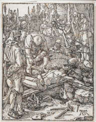 Albrecht Dürer (Nürnberg 1471 - Nürnberg 1528). Christus wird an das Kreuz genagelt.