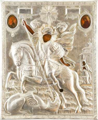 A MONUMENTAL ICON SHOWING ST. GEORGE KILLING THE DRAGON WITH A SILVER-GILT OKLAD - photo 1