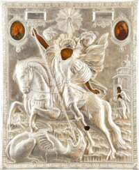 A MONUMENTAL ICON SHOWING ST. GEORGE KILLING THE DRAGON WITH A SILVER-GILT OKLAD