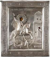 AN ICON SHOWING ST. GEORGE KILLING THE DRAGON WITH SILVER OKLAD