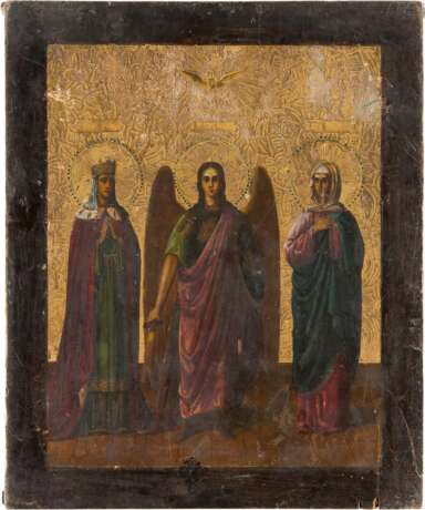 A LARGE DOUBLE SIDED ICON SHOWING THREE SELECTED SAINTS AND ST. GEORGE KILLING THE DRAGON - Foto 1