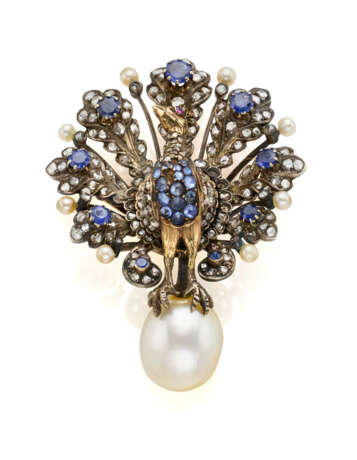 Natural saltwater pearl, sapphire, rose cut diamon… - фото 1