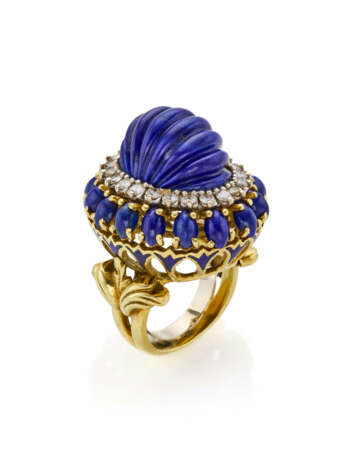 Lapis lazuli, enamel and diamond yellow gold ring,… - фото 1