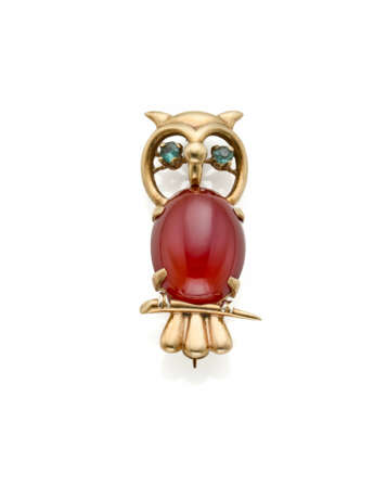 Cabchon carneliean and yellow 9K gold owl shaped b… - фото 1