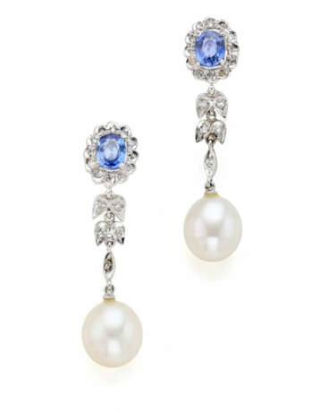 Pearl, sapphire, diamond and platinum pendant earr… - photo 1