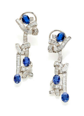 Diamond and sapphire white gold pendant earrings, … - фото 1