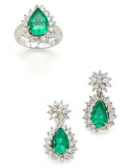 Diamond, pear shaped emerald and white gold jewell…