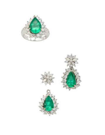 Diamond, pear shaped emerald and white gold jewell… - фото 2