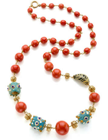 Yellow gold and orange coral graduated bead neckla… - фото 1