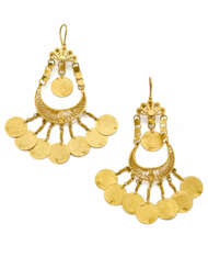 Yellow gold pendant earrings with coins, g 42.44 c…