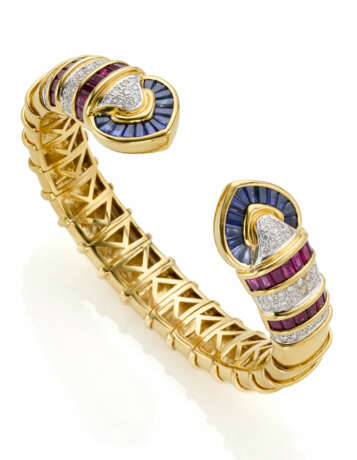 Diamond, sapphire and ruby yellow gold bangle brac… - photo 1