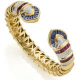 Diamond, sapphire and ruby yellow gold bangle brac… - photo 1