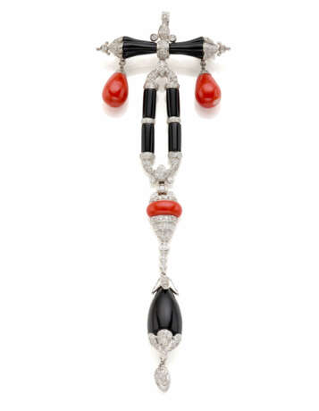 Diamond, onyx and coral white gold brooch/pendant,… - Foto 1