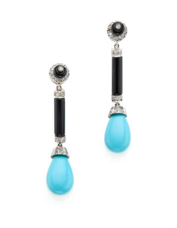 Diamond, onyx and turquoise platinum pendant earri… - photo 1