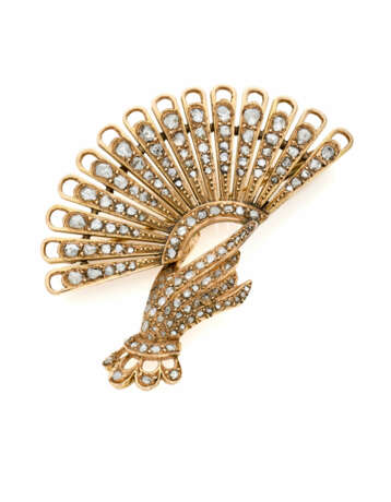 Rose cut diamond and red 9K gold fan shaped brooch… - photo 1