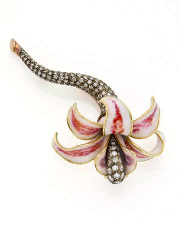 Diamond, enamel, yellow gold and silver lily shape… - photo 1