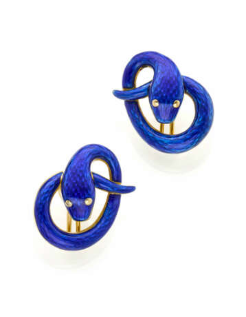 Blue guilloché enamel and yellow gold snake shaped… - photo 1