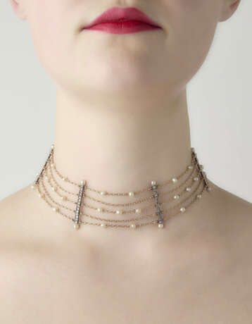 Five strand pearl, yellow gold and silver choker a… - photo 2