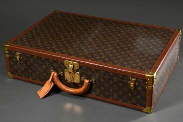 Louis Vuitton Hartschalenkoffer &quot;Alzer 70&quot; in Monogram Canvas mit goldfarbener Hardware und Eckbeschlägen, heller Rindsleder Griff und Adressanhänger, innen mit zwei Baumwollgurten, Nr. 981741, Schlüssel vorhan…