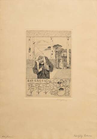 Vogeler, Heinrich (1872-1942) "Die Hexe I" 1895, Radierung, u.r. sign., i.d. Platte sign., u.l. bez., Druck O. Felsing, u. am Blattrand bez./Besitzerangabe, PM 22,6x16cm, BM 45,5x31,7cm (m.R. 50x35cm), vergilbt… - фото 2