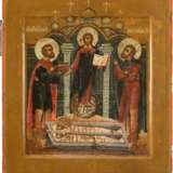 A VERY RARE ICON SHOWING CHRIST AND STS. KOSMAS AND DAMIAN AT THEIR TOMB - photo 1
