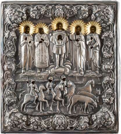 A FINE ICON SHOWING STS. FLORUS AND LAURUS WITH SILVER OKLAD - фото 1