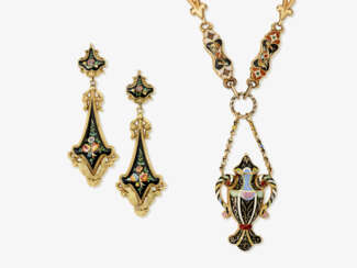 A necklace and a pair of drop earrings with colourful enamel. France, circa 1830-1840