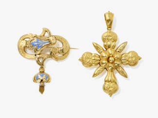 A brooch and cross pendant. Brooch: Switzerland, circa 1860 - 1870. Pendant: circa 1850