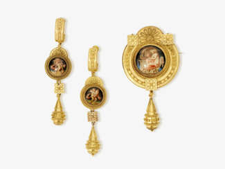 A demi-parure consisting of a brooch and a pair of drop earrings with enamel miniatures. Paris, circa 1870