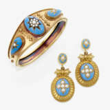 A bangle and a pair of drop earrings with enamel and pearls. Circa 1880 - фото 1