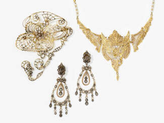 A necklace, brooch and a pair of drop earrings with rose-cut diamond and seed pearls.