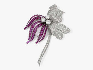 A fancy jewel "orchid" brooch decorated with brilliant-cut diamonds and rubies. Germany, Southern Germany, 1970s