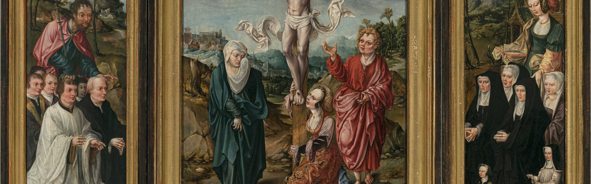 Flämisch (?) um 1520. Triptychon mit der Kreuzigung Christi