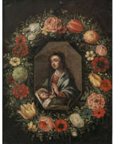 Flämisch 17th century. Madonna with Child in a wreath of flowers