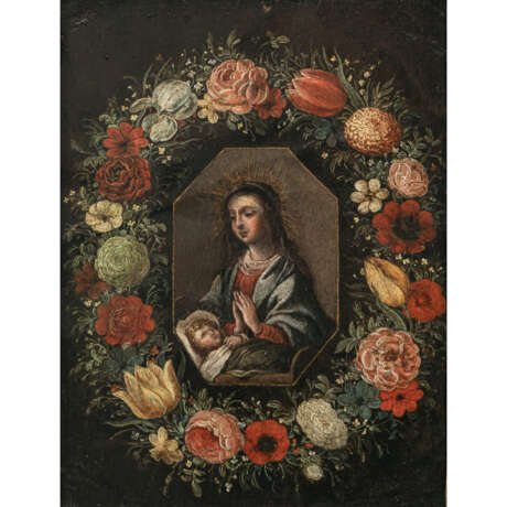 Flämisch 17th century. Madonna with Child in a wreath of flowers - photo 1