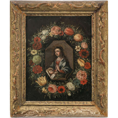 Flämisch 17th century. Madonna with Child in a wreath of flowers - photo 2