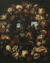 Flämisch 17th century. Adoration of the Shepherds in a floral wreath