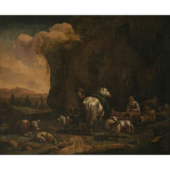 Niederlande 17th century. Pastoral scene in a rocky landscape