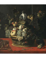 Peter van Boucle, zugeschrieben. Still life with fruit, dove, parrot and dog