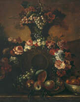 Italien 17th/18th century. Still life with a vase of flowers and fruit