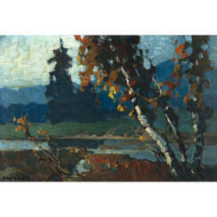 Oskar Mulley. Autumnal river landscape with birches