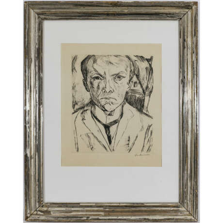 Max Beckmann. Selbstbildnis von vorn, im Hintergrund Hausgiebel. Ca. 1918 - Foto 1