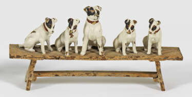 Miniature figure group with six Terriers on a bench