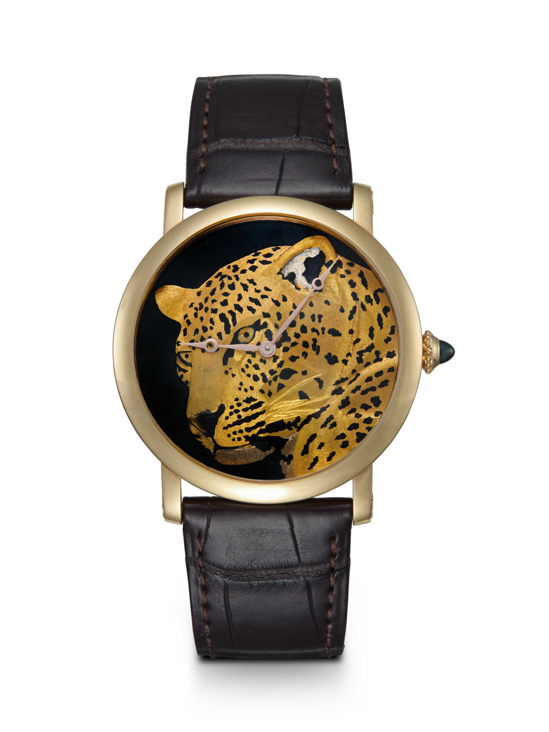 CARTIER, D'ART ROTONDE DE CARTIER, A RARE AND ATTRACTIVE LIMITED EDITION GOLD WRISTWATCH WITH A DAMASCENED PANTHER MOTIF DIAL