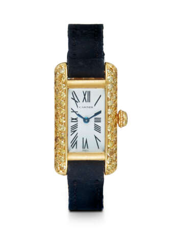 CARTIER TANK, A RARE AND ATTRACTIVE GOLD AND YELLOW SAPPHIRE-SET MANUAL WINDING WRISTWATCH - photo 1