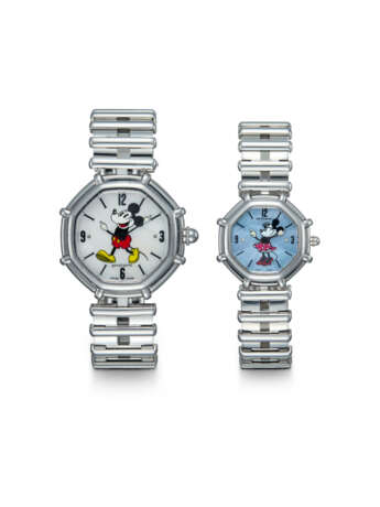 GERALD GENTA, A SET OF TWO (HIS AND HERS) OCTAGONAL STAINLESS STEEL WRISTWATCHES WITH MOTHER OF PEARL DIALS FEATURING MINNIE AND MICKEY MOUSE - photo 1