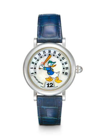 GERALD GENTA, DONALD DUCK RETRO REF. G 3612.7, A STEEL AUTOMATIC JUMP HOUR WRISTWATCH WITH RETROGRADE MINUTES AND MOTHER-OF-PEARL DIAL - Foto 1