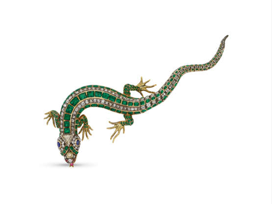 ANTIQUE DIAMOND, COLORED DIAMOND, EMERALD AND MULTI-GEM SALAMANDER BROOCH - Foto 1