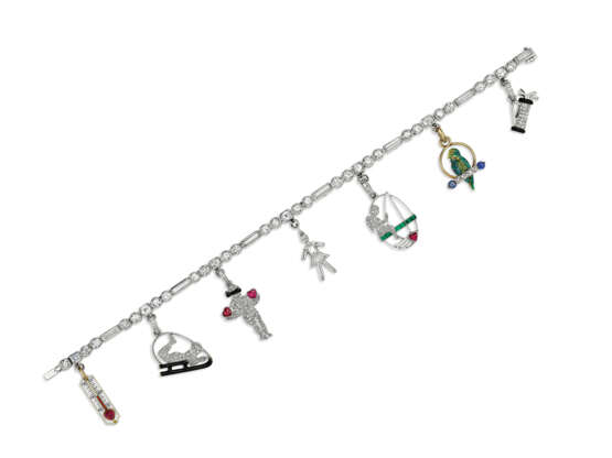 CARTIER ART DECO DIAMOND AND MULTI-GEM CHARM BRACELET - photo 1